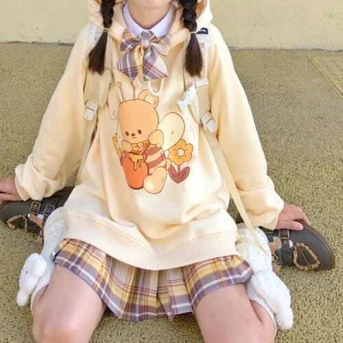 Japanese JK kawaii hoodie womens preppy style cute bee bear cartoon printing long-sleeved sweatshirt winter kawaii outerwear