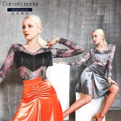 Women Latin Dance Clothes Fringed Tops Mesh Flower Print Leotards Adult Latin Practice Wear Samba Salsa Ballroom Shirt