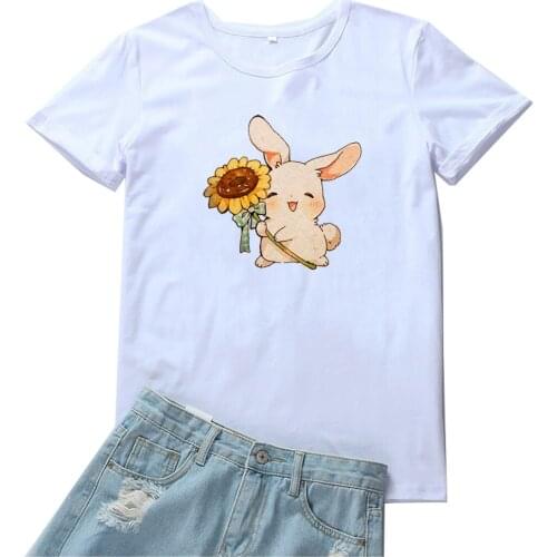 Rabbit Holding Sunflower Women T Shirt Funny Cute Cartoon Print Tshirt Women Casual O-neck Women T-shirts Harajuku Graphic Tees