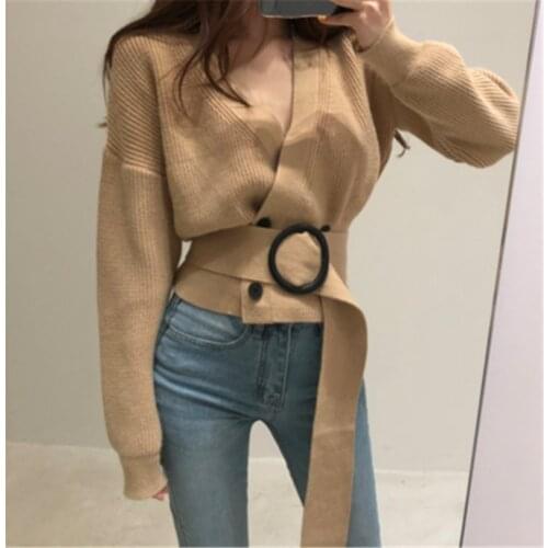 RUGOD Women Knitted Cardigans with Belt Sexy V-neck Puff Sleeve Female Sweater Elegant Chic Solid Color Woman Knit Outfit