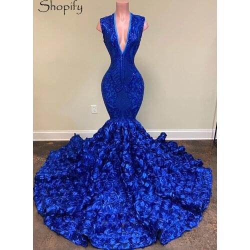 New Arrrival Long Prom Dresses 2021 V-eck Mermaid Stye 3D Flower African Women Black Girls Prom Dress