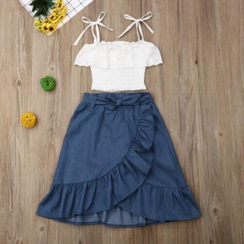 UK 2pcs Kid Baby Girl Lace Sling Lace Top+Fashion Ruffle Denim Skirt Outfits New Summer Sunsuit Outfits 2pcs