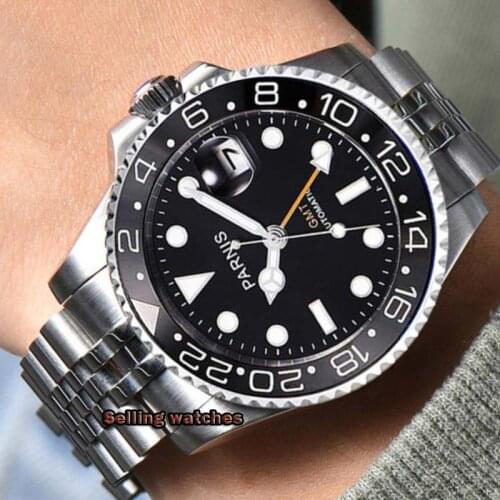 40mm PARNIS Black Dial Luminous Sapphire Glass GMT Automatic Mens Luxury Brand Top Mechanical Watch
