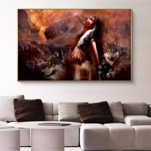 African Girl With Wolf Oil Painting on Canvas Cuadros Posters and Prints Scandinavian Wall Art Picture Home Decor