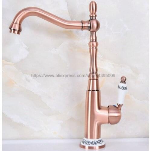 Antique Red Copper Deck Mount Bathroom Kitchen Faucet Single Handle 360 Rotate Basin Sink Mixer Taps Hot and Cold Water Bnf624