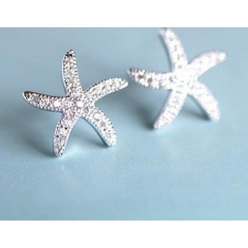 White Crystal Cute Starfish Earrings Charm Female Real 925 Sterling Silver Wedding Earrings For Women Small Double Stud Earrings