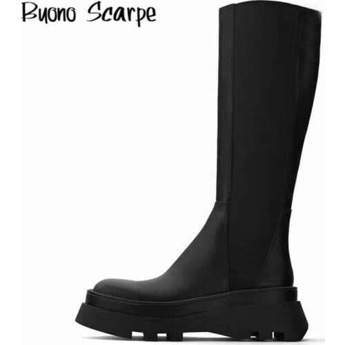 Brand Design Cool Fashion Riding Boots Platform Gothic Slip-On Mid-Calf Boots Round Toe Thick Heels Stylish Women Winter Shoes