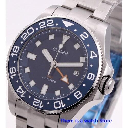 Bliger 43mm Blue Dial Automatic Mechanical Mens GMT Watch Luxury Business Calendar Clock Sapphire Glass Luminous Wristwatch Men