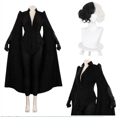 Cruella de Vil Cosplay Short Black White Wig Heat Resistant Synthetic Hair Cruella Cosplay Coat Rock Collar Black Uniform
