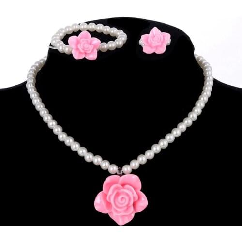 Imitation Pearls For Girls Children Flower Pendant Necklaces Bracelets Rings Sets For Baby photography Childrens Accessories