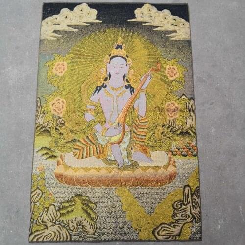 Home Decor 35" Thangka embroidery Tibetan Buddhism silk embroidery brocade Nepal White Tara with piano Buddha Thangka