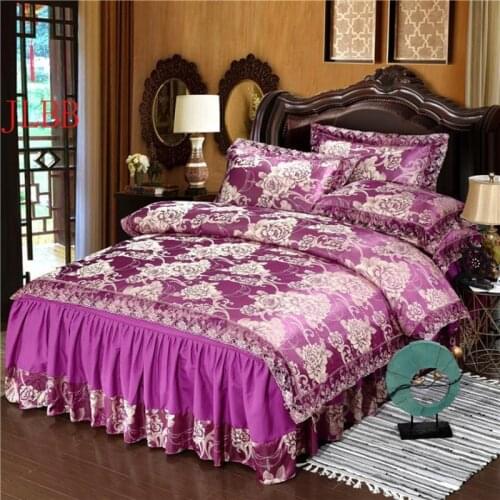 Elegant bedding set Jacquard bed skirt set duvet cover 4pcs/set bed linen luxury bedclothes purple Lace bed set golden bed skirt