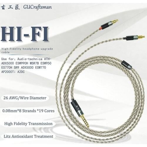 GUcraftsman 6N silver For Audio Technica ATH-ESW990H MSR7B ESW950 AP2000 ES770H SR9 ADX5000 2.5MM/4.4MM Balance Headphone cable