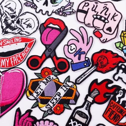 Hippie Punk Style Embroidered Patches For Clothing thermoadhesive patches Heart Skull Badges Iron On Patches On Clothes Applique