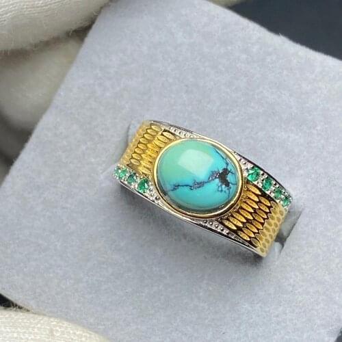 Nature turquoise gemstone ring s925 silver golden Inlaid gold high porcelain high blue perfect appearance jade green stone