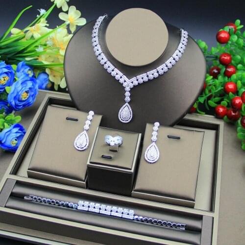 Luxury Sparking Brilliant Cubic Zircon Drop Earring Necklace Heavy Dinner Jewelry Set Wedding Bridal Dress Accessories