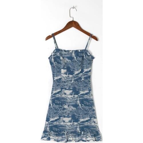Summer Womens Casual Printed Ruffled Slim Sling Dress