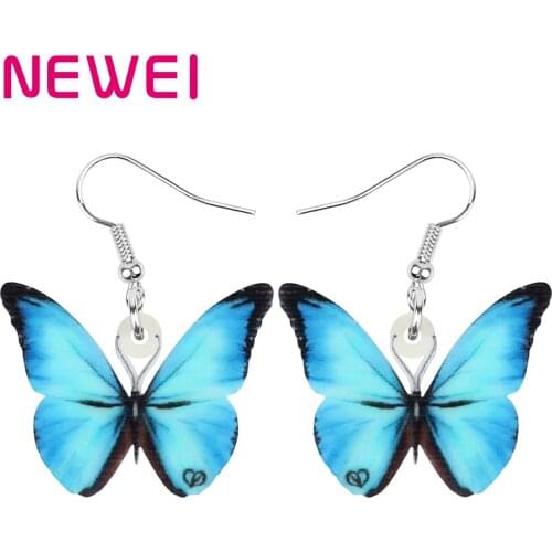 Newei Acrylic Blue Morpho Butterfly Earrings Big Print Cute Insect Animal Dangle Drop Jewellery For Women Girl Gift Funny Gift