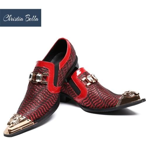 Christia Bella New Fashion Red Wedding Shoes Glitters Mens Pointed Toe Bling Bling Casual Dress Shoes Luxury Brand Oxford Shoes