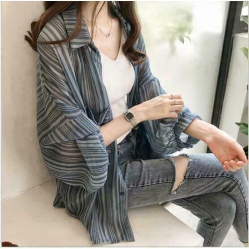 New Korean Loose Lantern Sleeves Striped Womens Thin Cardigan Jacket