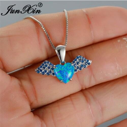 Cute Angel Wings Pendant Heart Necklaces For Women Silver Color Blue White Fire Opal Necklace Purple Zircon Wedding Jewelry
