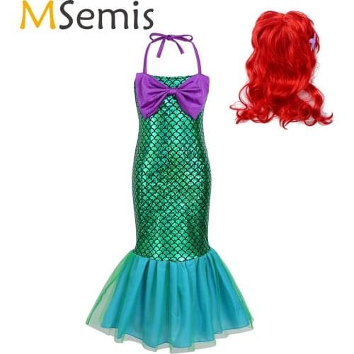 Girl Princess Halloween Cosplay Dress Kids Christmas Halter Mermaid Costume Children Carnival Birthday Party Fancy Clothes Wig
