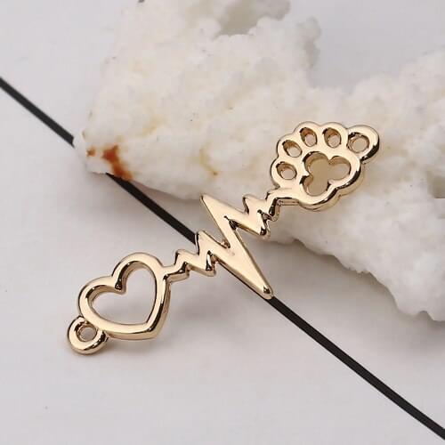 Zinc Based Alloy Connectors Heartbeat/ Electrocardiogram For Earrings Necklace DIY Gold Color Bear Paw Print 34mm x 12mm, 10 PCs
