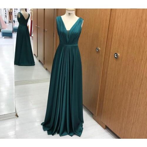 Sexy Satin Long Satin Evening Dresses with Pockets A-Line V-Neck Corset Back Pleated Abendkleider Robes De Soirée for Women