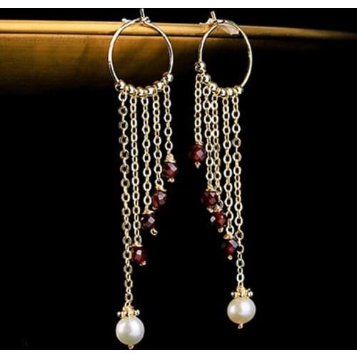 Handmade Fresh Water Baroque Pearl Long Chain Tassels Earrinhgs For Women Wife Round Circle Earrings Party Gift Fine Jewellery