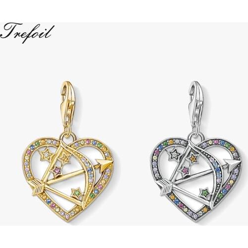 Charm Pendants Heart with Bow and Arrow 925 Sterling Silver Golden Color New Fine Women Jewelry DIY Accessories Fit Bracelet