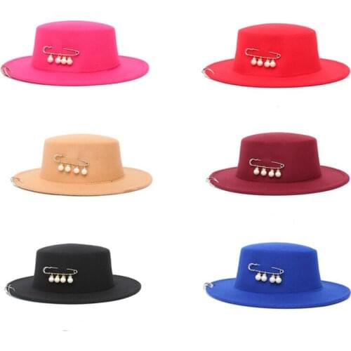 Trend Women flat brim wool felt Fedora hats with Copper Ring Pin Flat Top cap trilby chapeau bowler hat