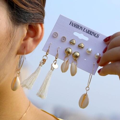 UMKA Creative Vintage Flowers Love Shell Pendant Earrings Set Lady Sea Shell Earrings Gold Fashion Metal Shell New Beach Jewelry