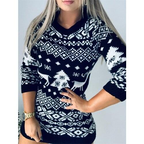 Christmas Elements Knitted Dress O-neck Full Ladies Mini Dress Classic Fashion Elk Snowflake Christmas Long Sweater Winter New