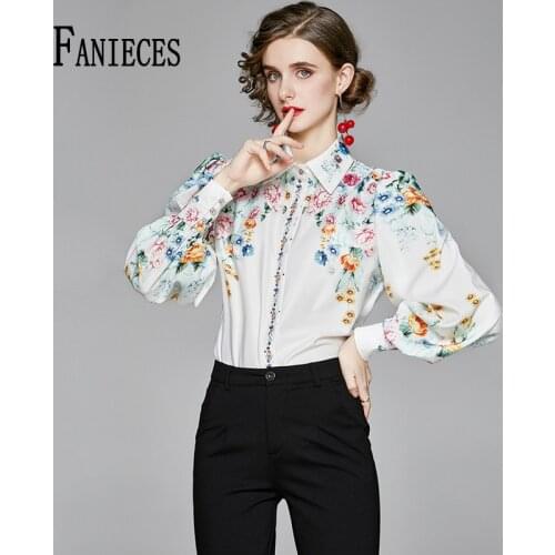 FANIECES 2021 Spring Autumn Long Sleeve Shirts Floral Print Pattern Blouse Women Button Tops Designer Lady Elegant Runway Shirt
