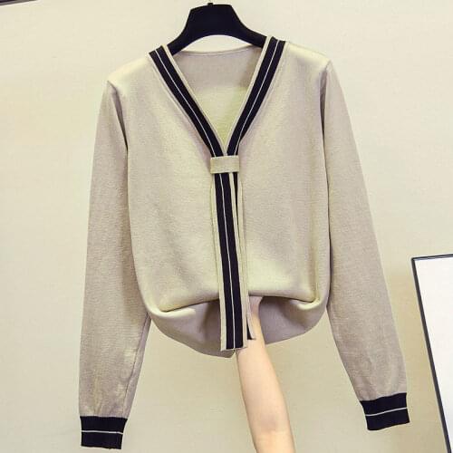 Spring and autumn new casual fashion ladies knit long-sleeved v-neck color-blocking blouse pullover sweater women all-match