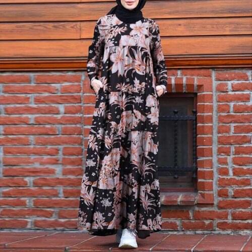 Retro Dubai Abaya Turkey Hijab Dress Women Vintage Floral Printed Maxi Sundress Summer Long Sleeve Kaftan Muslim Vestido 2021
