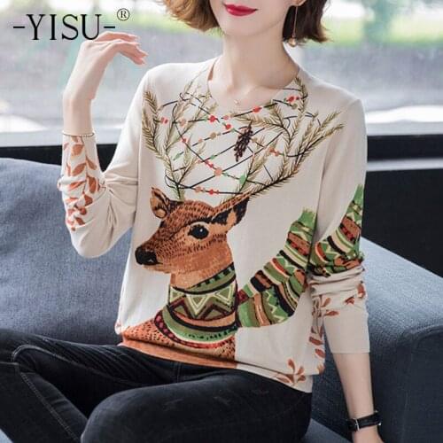 YISU 2020 Winter Sweater O-Neck Winter tops Long sleeve Fawn Printing Knitted Pullover Casual Fashion Plus size Women Sweater