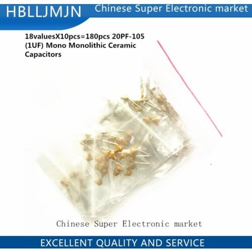 18valuesX10pcs=180pcs 20PF-105(1UF) Mono Monolithic Ceramic Capacitors 50V component diy package