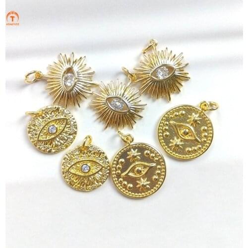 5pcs Gold Coin Necklace Pendant Evil Eye Charm Brass Round Evil Eye Protection Pendant For Women Jewelry Graduation Gift Finding