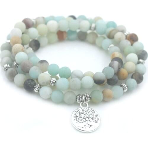 6mm Frosted Amazonite Bracelet Prayer Beads Tree Life Charm Bracelet 108 Amazonite Mala Beads Bracelet For Women Energy Bracelet