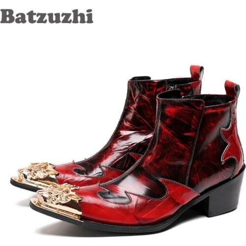Batzuzhi 6CM Height Italian Style Rock Men Boots Wine Red Golden Pointed Metal Toe Men Short Boots Nightclub Stage Shoes Men