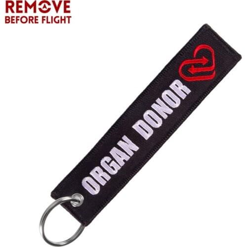 Fashion Keychain Organ Donor Keychains Holder for Motorcycles REMOVE BEFORE FLIGHT Key Fobs Organ Donor Embroidery KeyRing Chain
