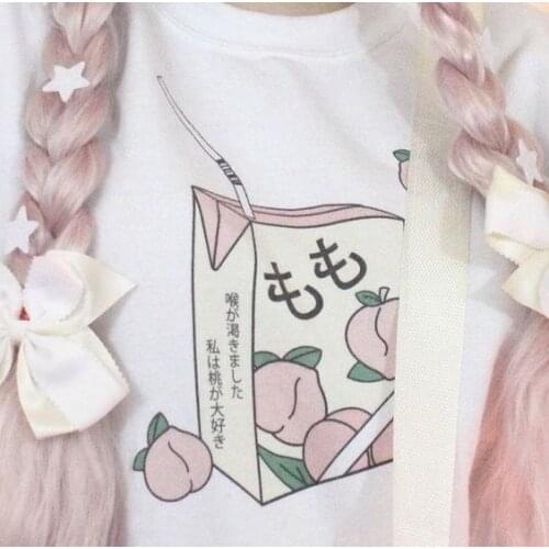 Japan Cartoon Kawaii Sweet Girls Tees Peach Juice Aesthetic T-Shirt Harajuku Cute Pink Summer Casual Vintage Tumblr Women Tops