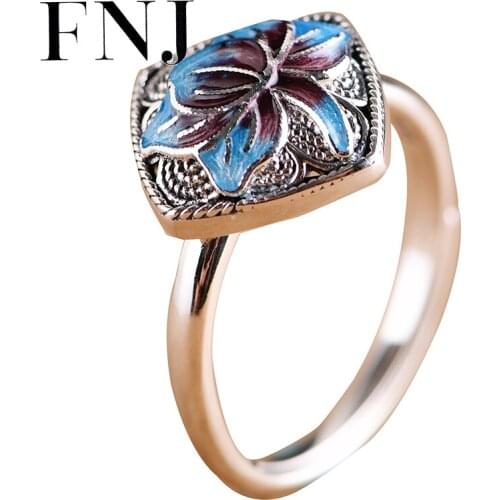 FNJ enameling Lotus Ring 925 Silver Original Pure S925 Sterling Silver Rings for Women Jewelry Open Adjustable Flower
