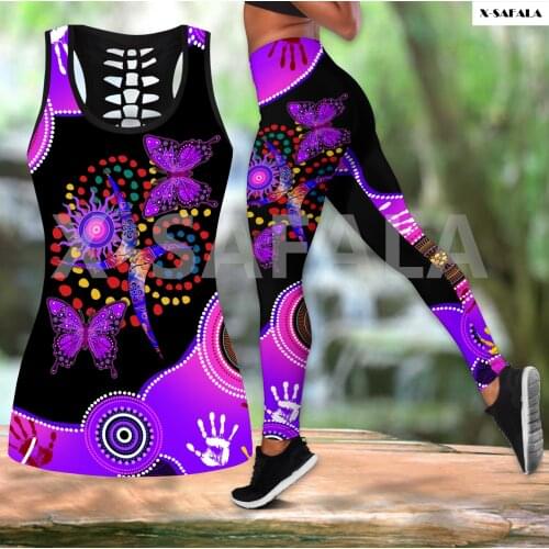 Aboriginal Flag Painting Art Two Piece Yoga Set Women 3D Print Vest Hollow Out 3 Tank Top High Waist Legging Summer Casual Sport