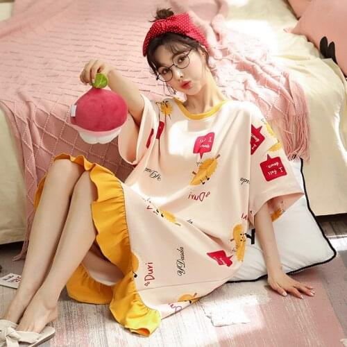Summer Women Dress 2021 New Cartoon Printed Sleep Dress Cotton Breathable Nightgowns Sleepshirts Plus Size Pajamas Home Dresses