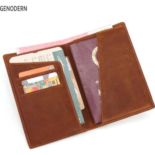 GENODERN Men Cow Leather Passport Cover Vintage Men Wallet with Passport Holder Document Case