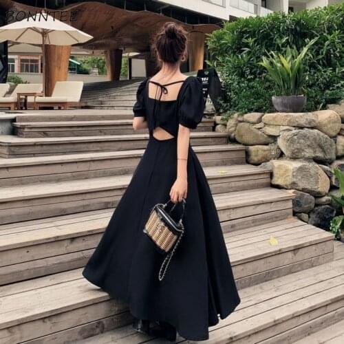 Short Sleeve Dress Women Classy Clothes Party Dresses Solid Vintage Temperament A-Line Chic Elegant All-match Square Collar Midi