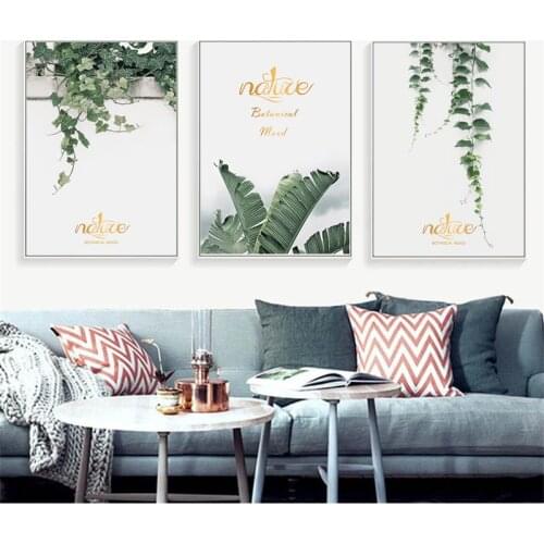 Green Vine Leaves Golden Letters Plant Combination Poster Canvas Painting Art Abstract Print Picture Wall Nordic Home Decoration