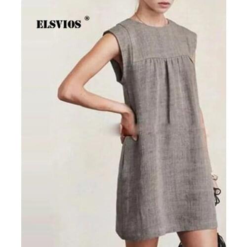 Casual Loose O Neck Cotton Linen Sleeveless Short Dress Summer Women Elegant Solid Color Patchwork Dresses Slim Party Vestidos